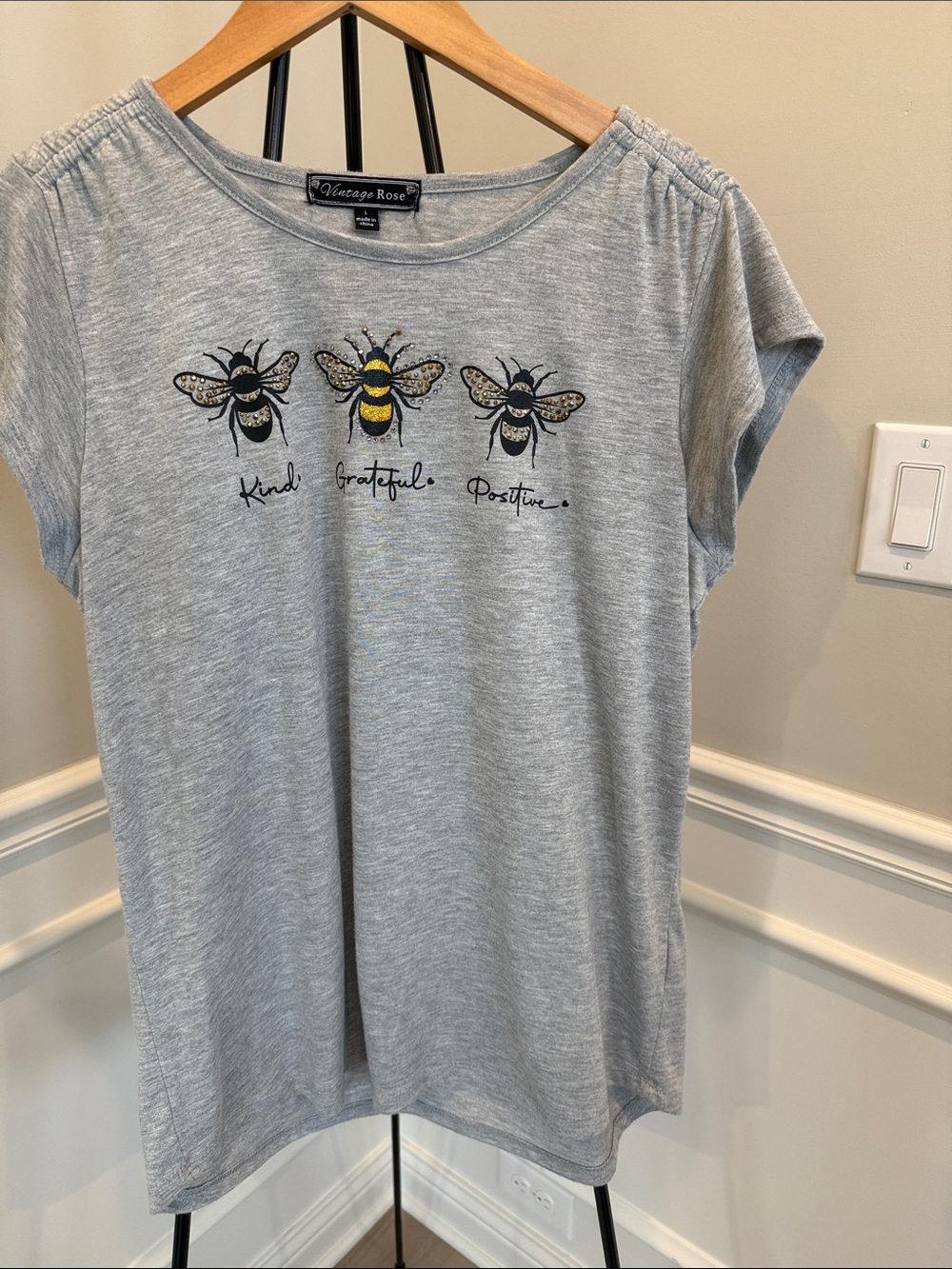 Vintage Rose Bee Graphic Tee - Light Gray with sparkly Yellow Accent.